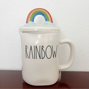 NWT Rae Dunn “RAINBOW” Glossy White Coffee Mug with Rainbow Clouds Topper